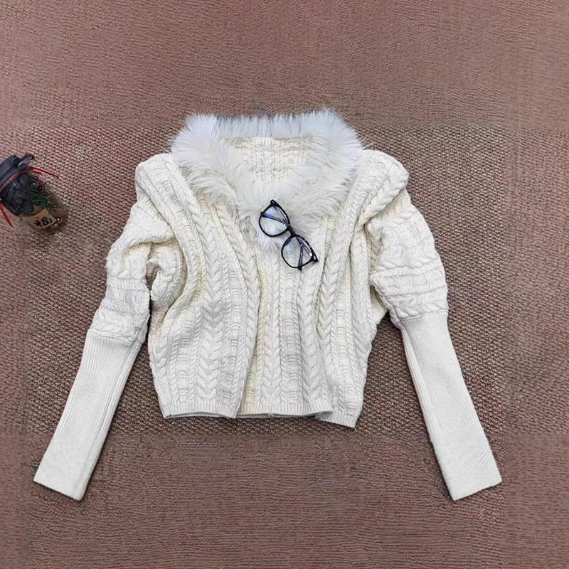 Autumn Winter New Fashion Design Knitted Sweater With Fur Collar Loose Twist Pullover For Women Trendy 11A07787 Creamy-white One Size