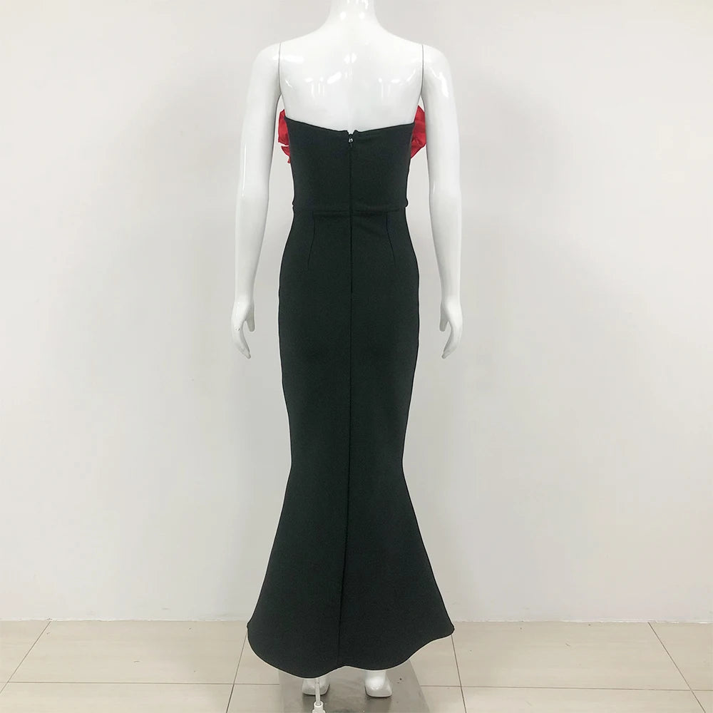 Black Red Florals Sexy Strapless Diamond Line Bodycon Bandage Long Dress Fashion Celebrate Nightclub Party Wear