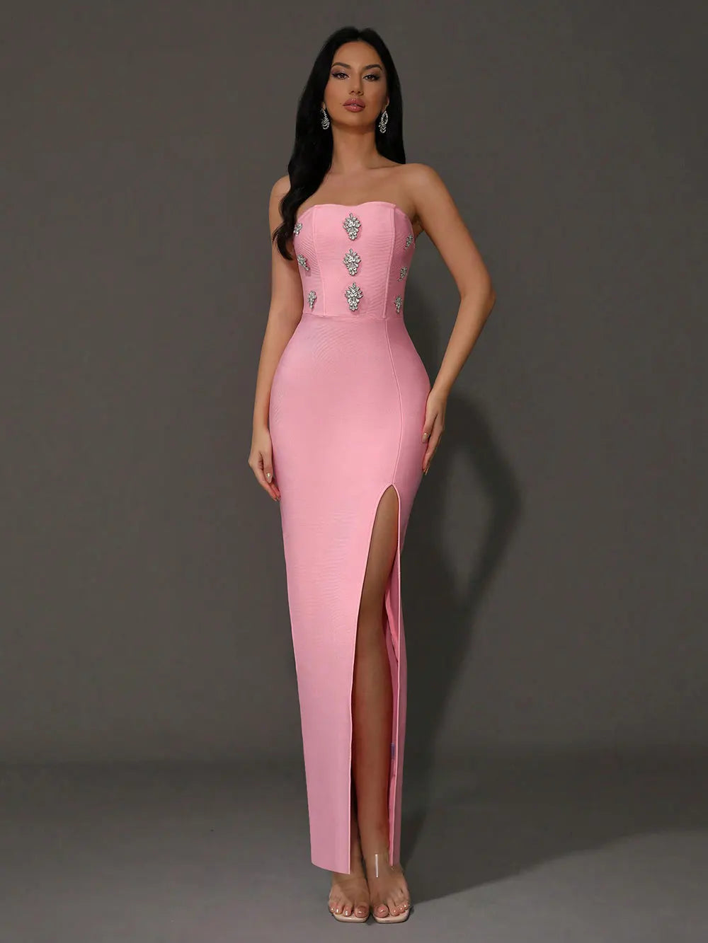 2024 Sexy Women'S Light Luxury Rhinestone Bandage Dress Strapless Sleeveless Bodycon Split Length Dress Christmas Party Vestidos Pink