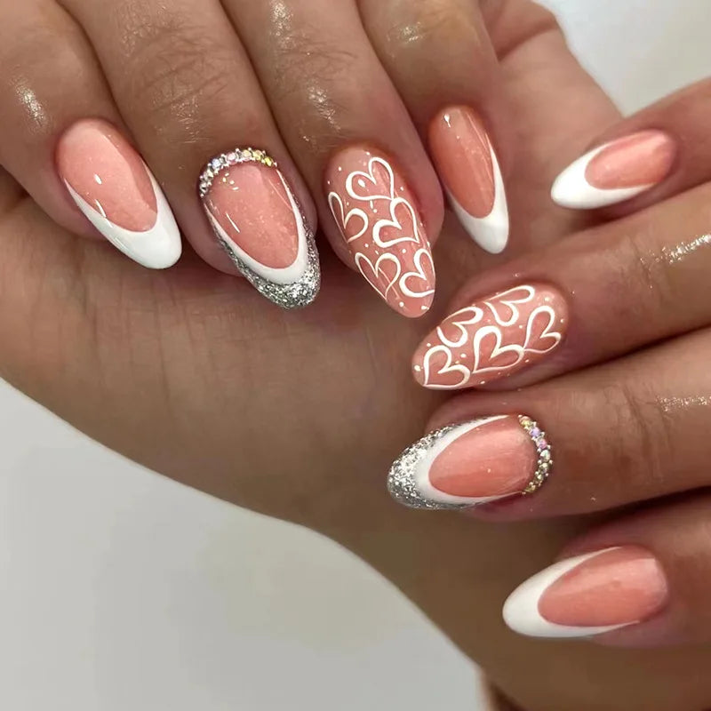 24Pcs Short Round Fake Nails with Gilding Flower Design Wearable Almond False Nails Tips Golden Lines Detachable Press on Nails 686
