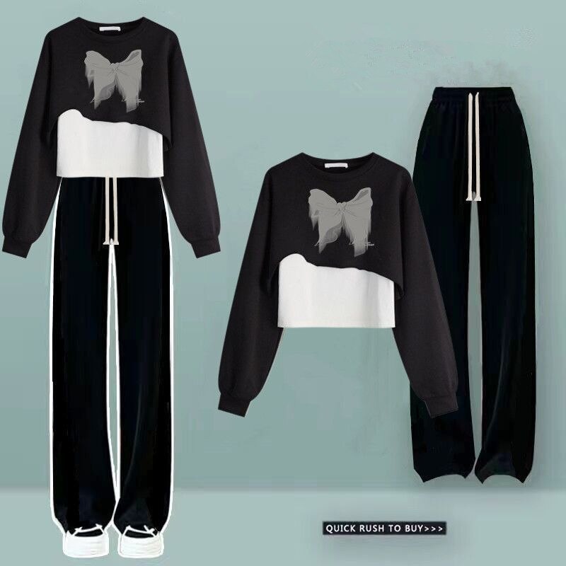 Spring Autumn Women Fashion Short Bowknot T Shirts Korean Casual Sweatshirt Vest Pants 3 Piece Sets Lady Streetwear Outfits 2024 Black Set