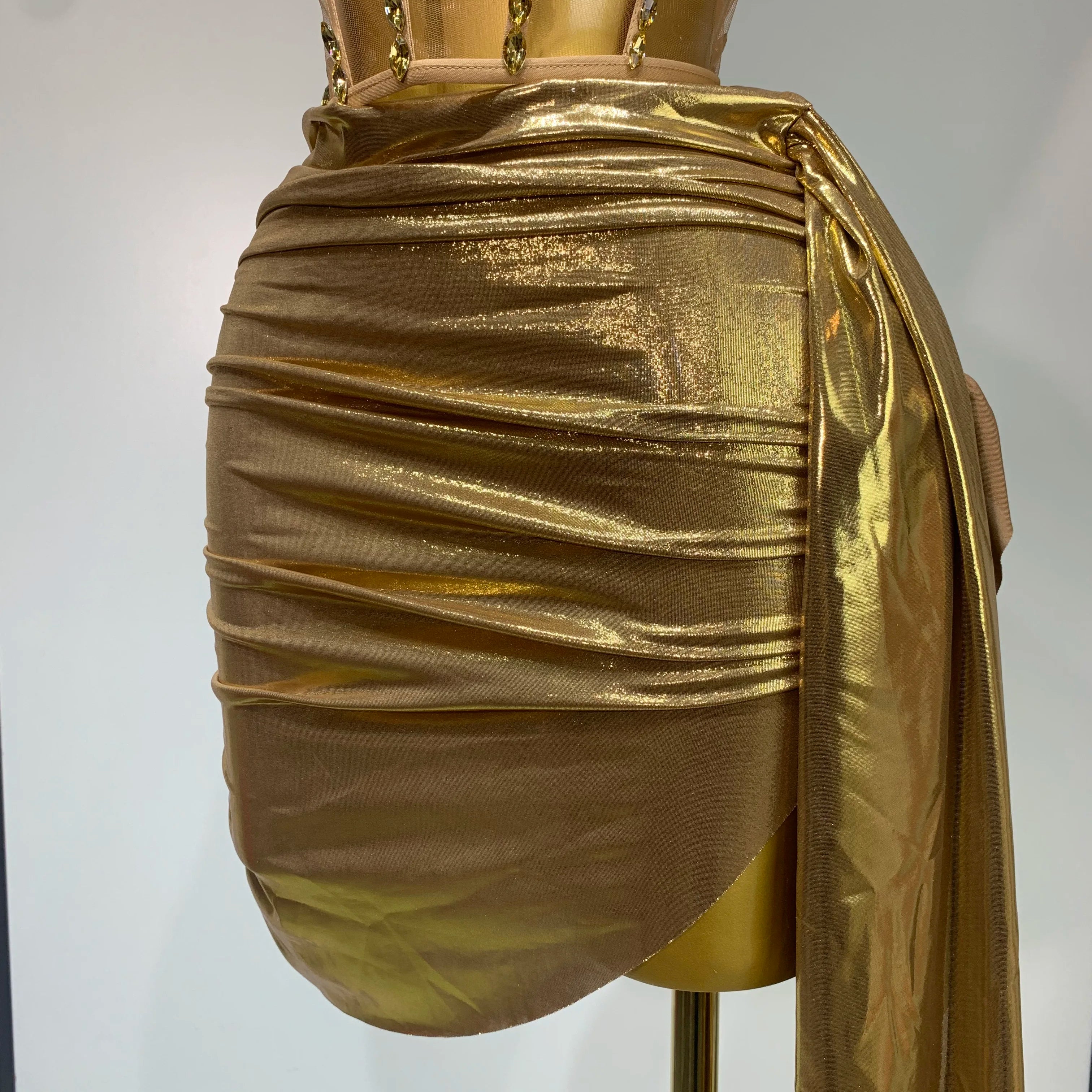 Women Sexy Strapless Sequins Rhinestone Gold Dress Glitter Top Two Pieces Sets Birthday Evening Party Club Singer Stage Outfit