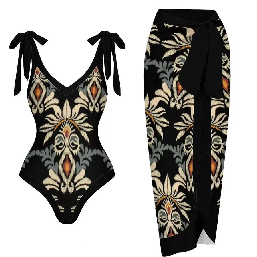 String One Piece Swimsuit & Vent Skirt Padded Sexy Swimwear Women Bathing Suit Female Swimming Summer Beachwear Bodysuit Black4