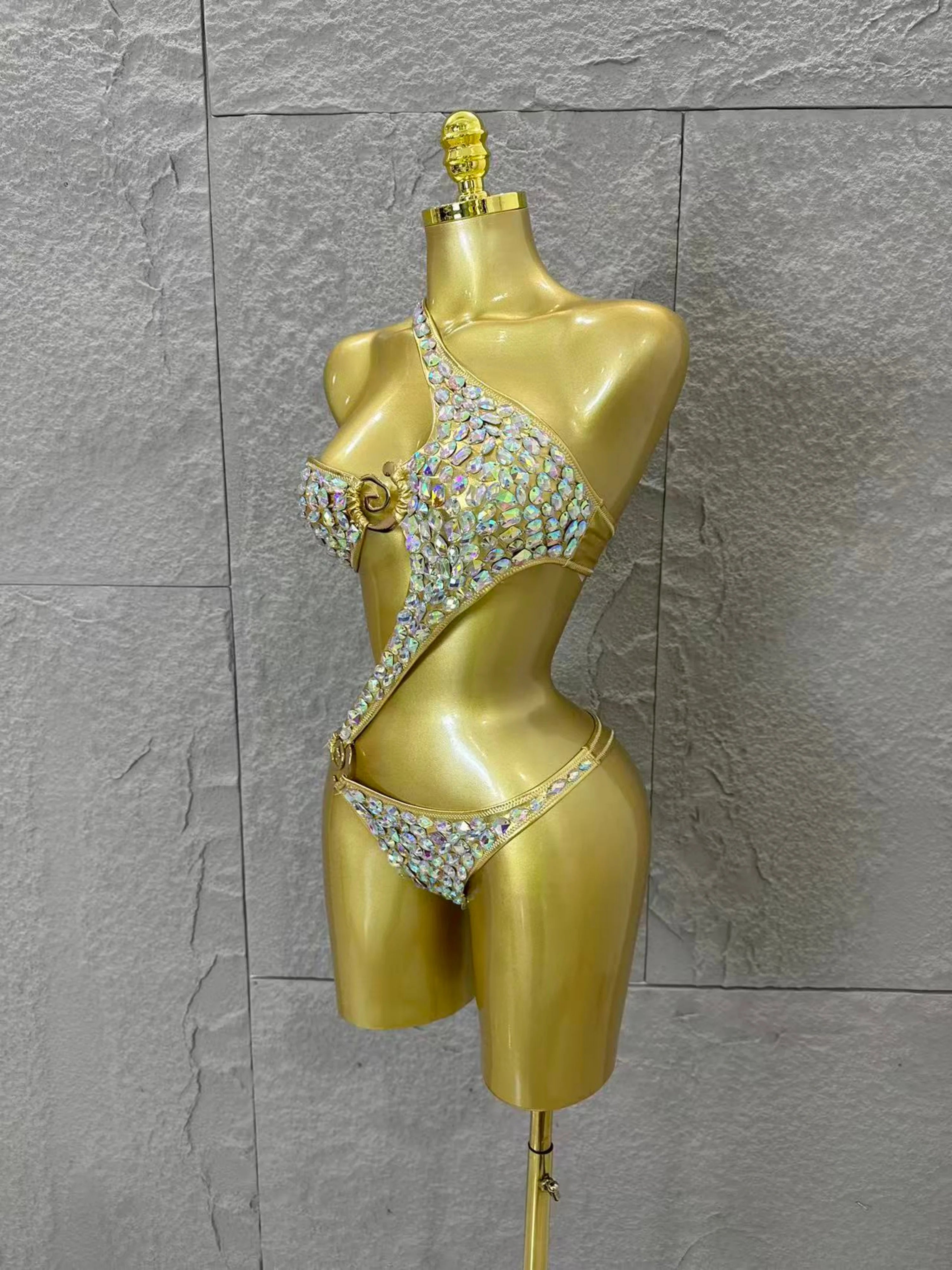 Women Sexy 2026 Luxurious Black Bodysuit Halter Neck Iridescent Crystal Embellished Cutout Outfit Stage Performance Costume