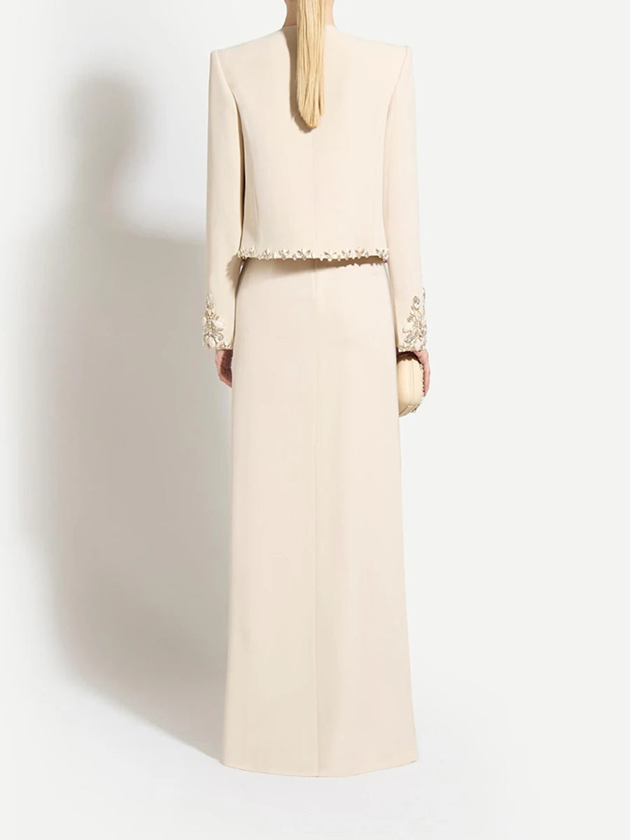 Solid Slimming Two Piece Sets for Women Round Neck Long Sleeves Patchwork Bead Top High Waist Split Skirt Female