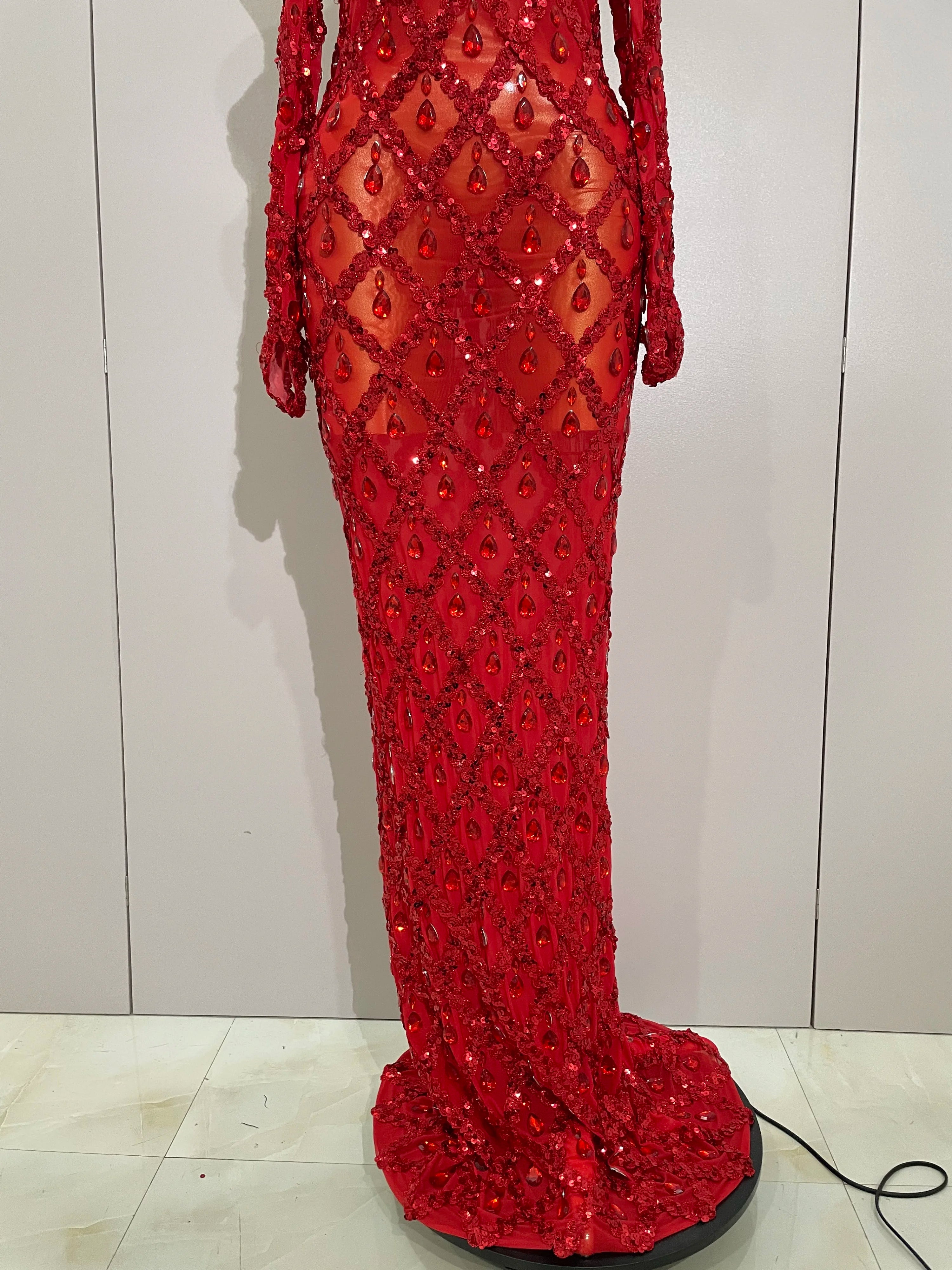 Sexy Sparkly Rhinestones Halter Mesh Long Dress With Gloves 2025 Women Celebrate Evening Wedding Prom Birthday Dress Shoot Wear