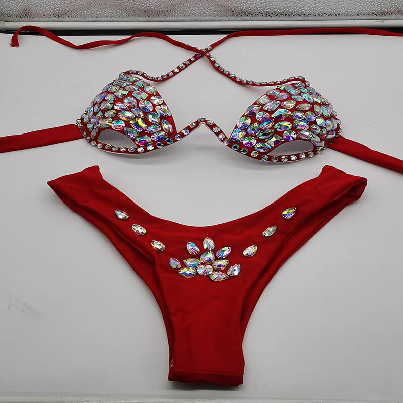 Push Up Rhinestone Bikini Luxury Crystal Diamond Women Swimwear Hollow Out Swimwsuit Manual Customized Bathing Suit Red