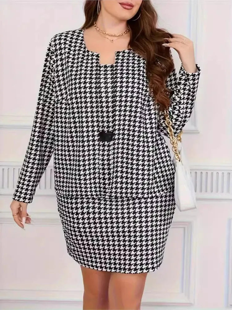 Plus Size Houndstooth Plaid Autumn 2 Two Piece Set Women Long Sleeve Ladies Cropped Coats Sleeveless Slip Modis Woman Mini Dress