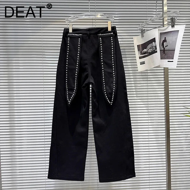 Winter New Trendy Fashion Back Pocket Metal Rivet Fleece Lined Trousers For Women Straight-leg Casual Pants 11A07858