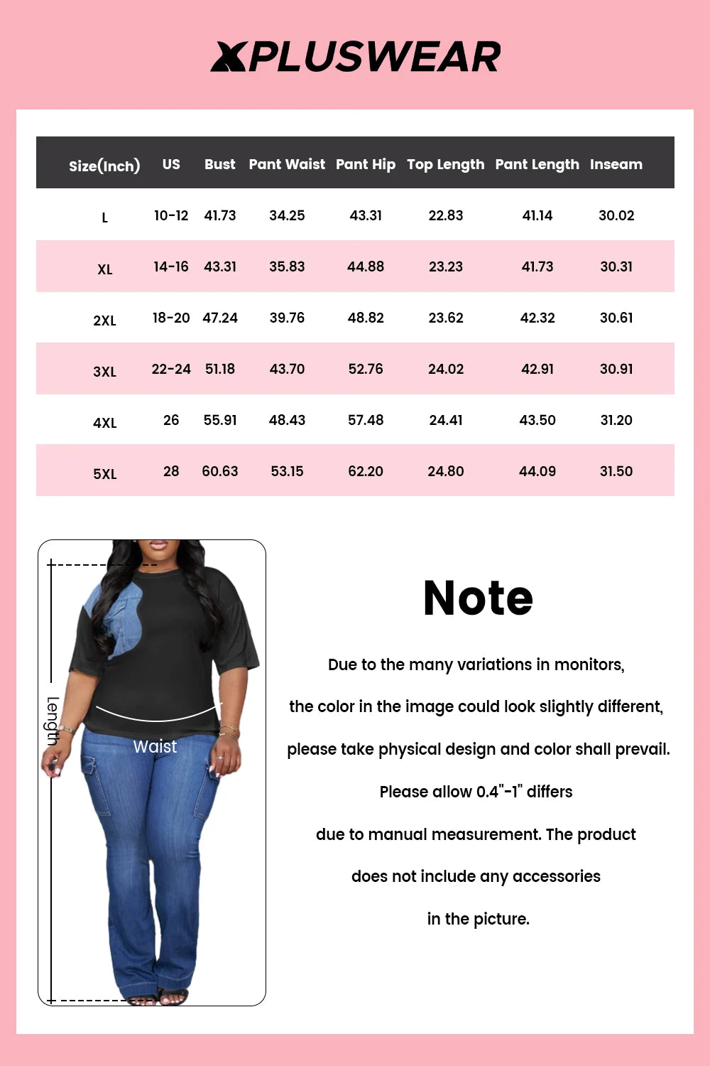 Plus Size Business Casual Black Round Neck Short Sleeve Pocket Denim Two Piece Pant Sets