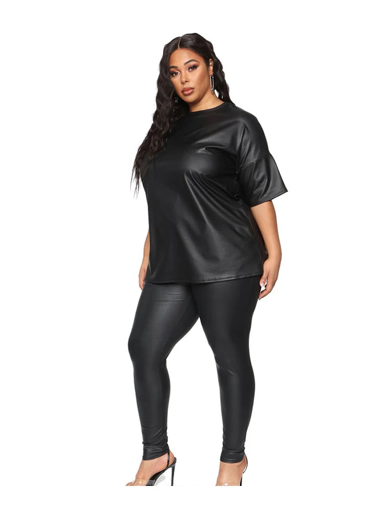 Women Summer Clothes Leather Outfit 2 Piece Set Short Sleeve Blouse Top and Stretchy Leggings Ladies Plus Size Pu Suits in Black