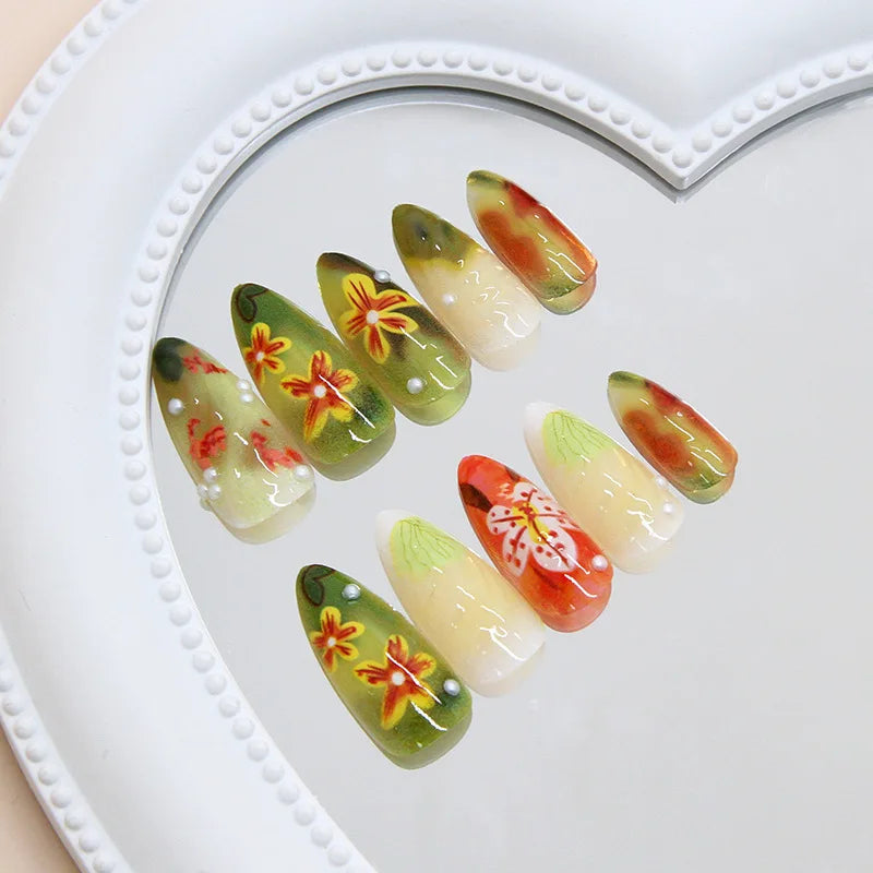 24pcs Flower Print Press on Nails Retro Color Blush Almond Fake Nail Tips Detachable Wearable Sweet Cool Spice Girl False Nails