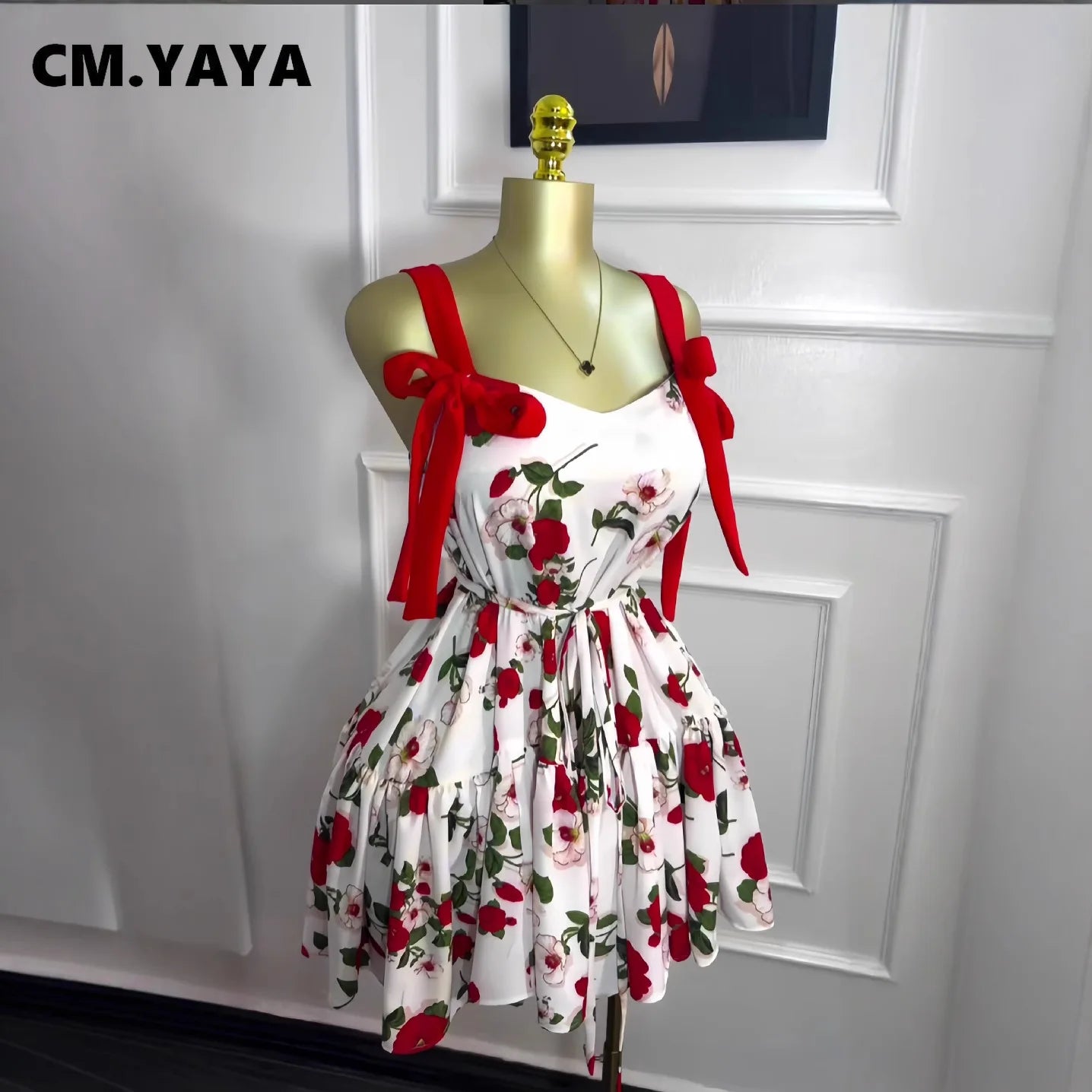 Women Floral Printed Flare Sleeveless Bow Strap Belt Mini Dress 2025 Evening Sexy Beach Party Birthday Street Dresses
