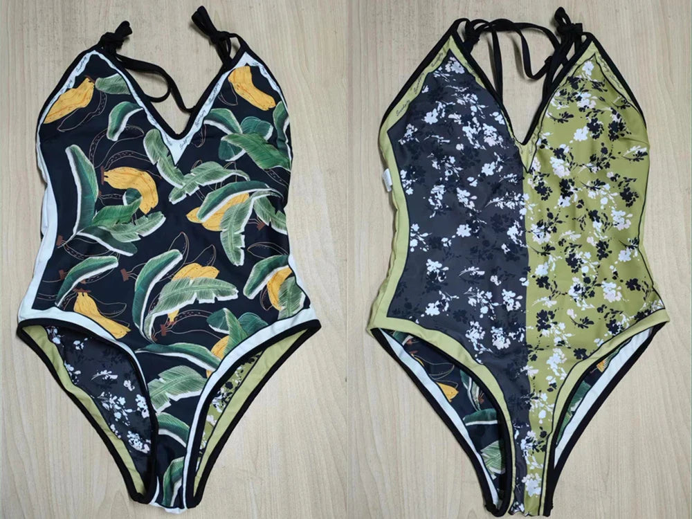 New Vintage Printed Double-sided Wear Swimming Bathing Suit Women Bandage Sexy One Piece Swimsuit Beachwear Swimwear Woman Black-Green