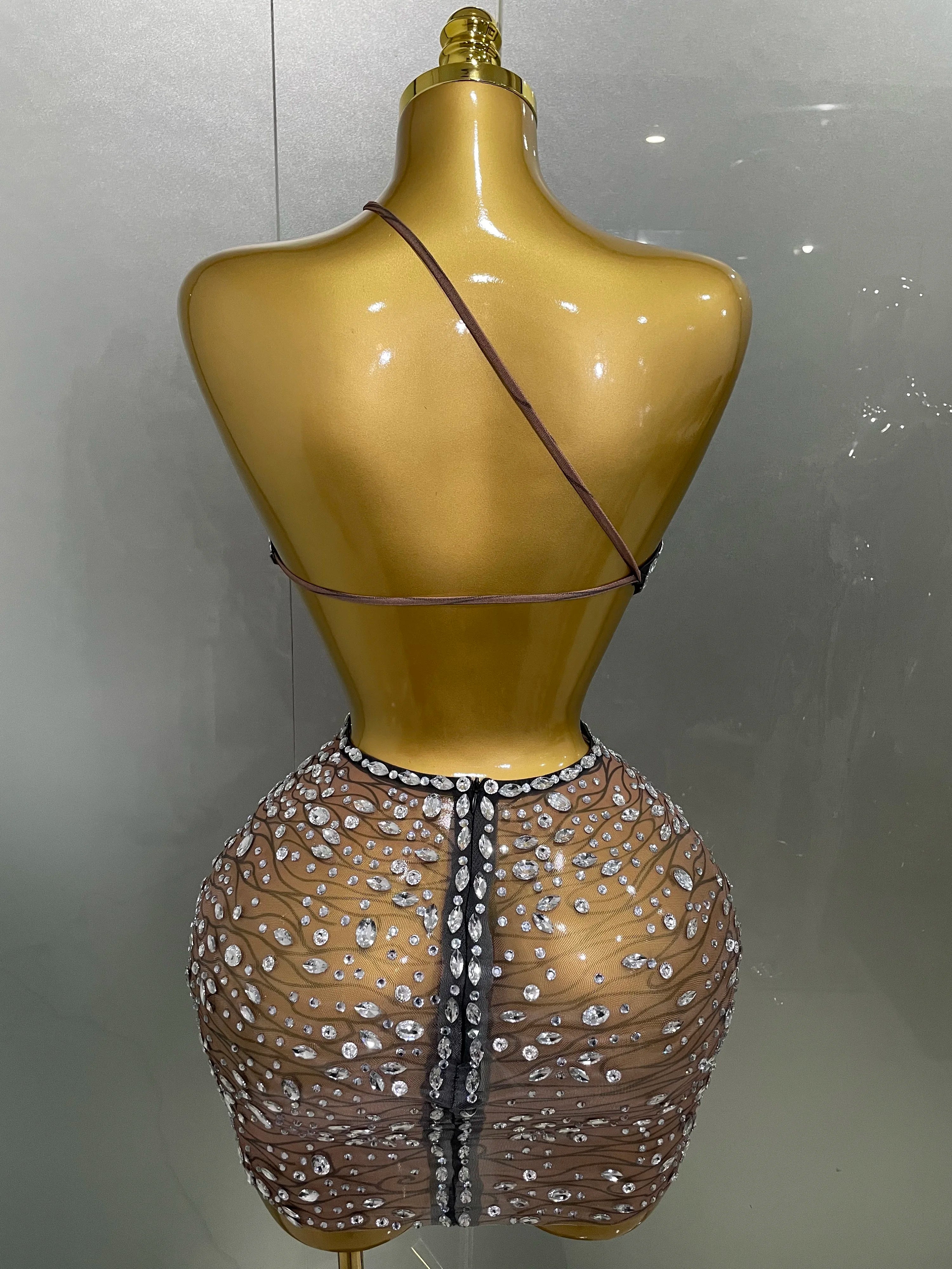 2025 New Sexy Shiny Diamond Hollow Out Backless Short Dress Women Evening Celebrate Prom Birthday Party Nightclub Stage Costume