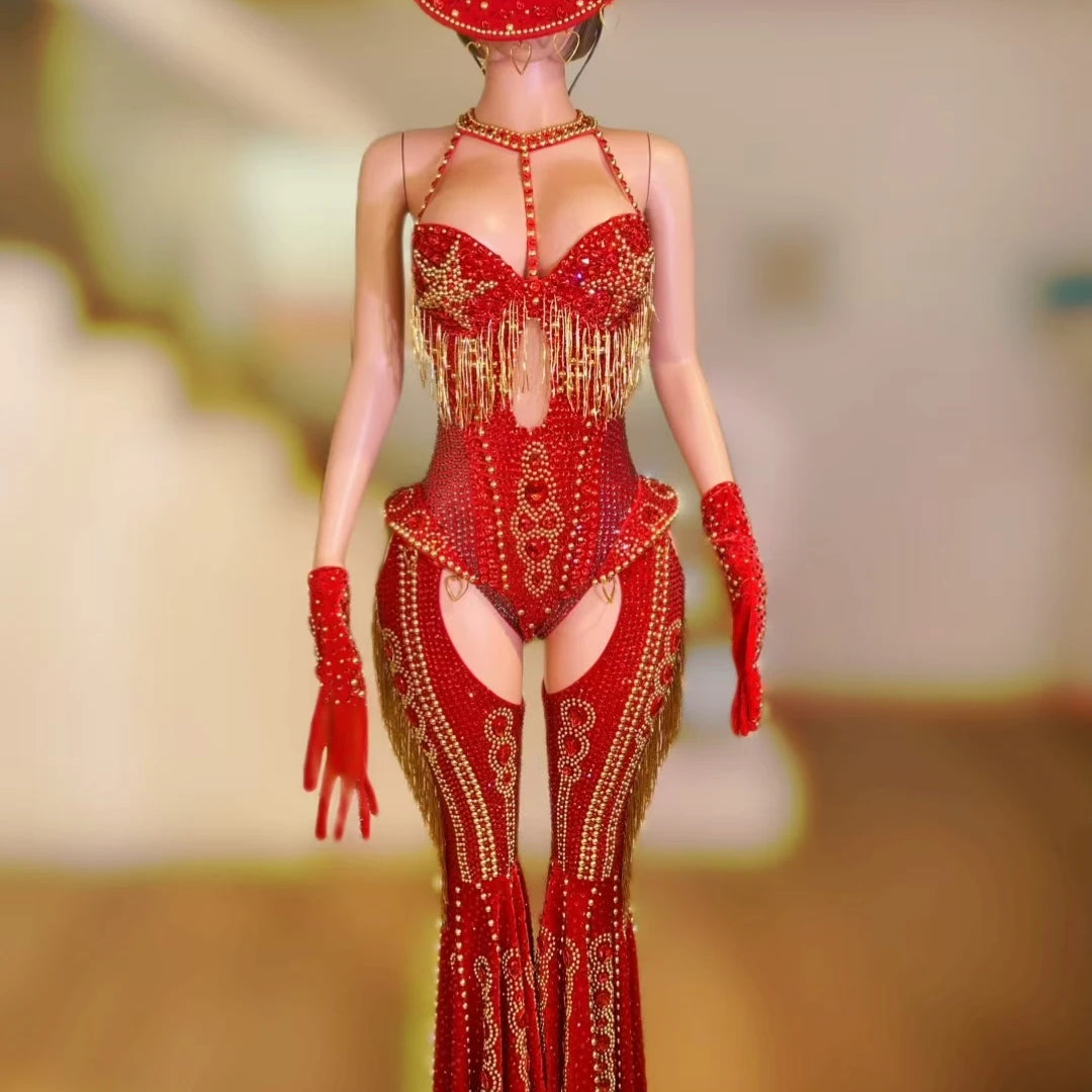 Women Sparkly Rhinestone Bodysuit 4Pieces Set Night Party Cowboy Show Outfit Cabaret Carnival Showgirl Sexy Jumpsuit Hongding