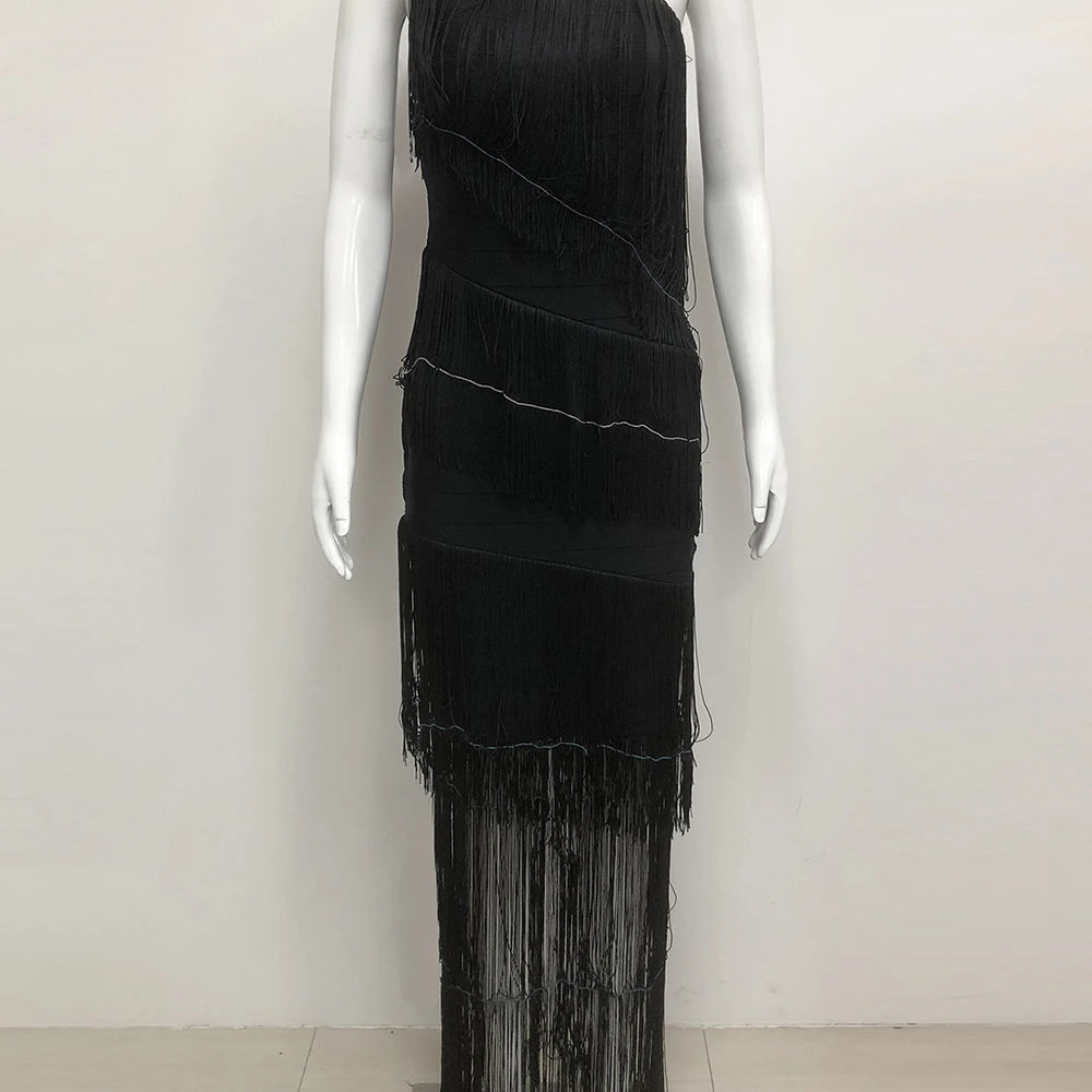 Women's One Shoulder Diagonal Collar Fringe Bandage Long Dress 2025 Summer Tassel Vacation Birthday Evening Night Club Vestidos