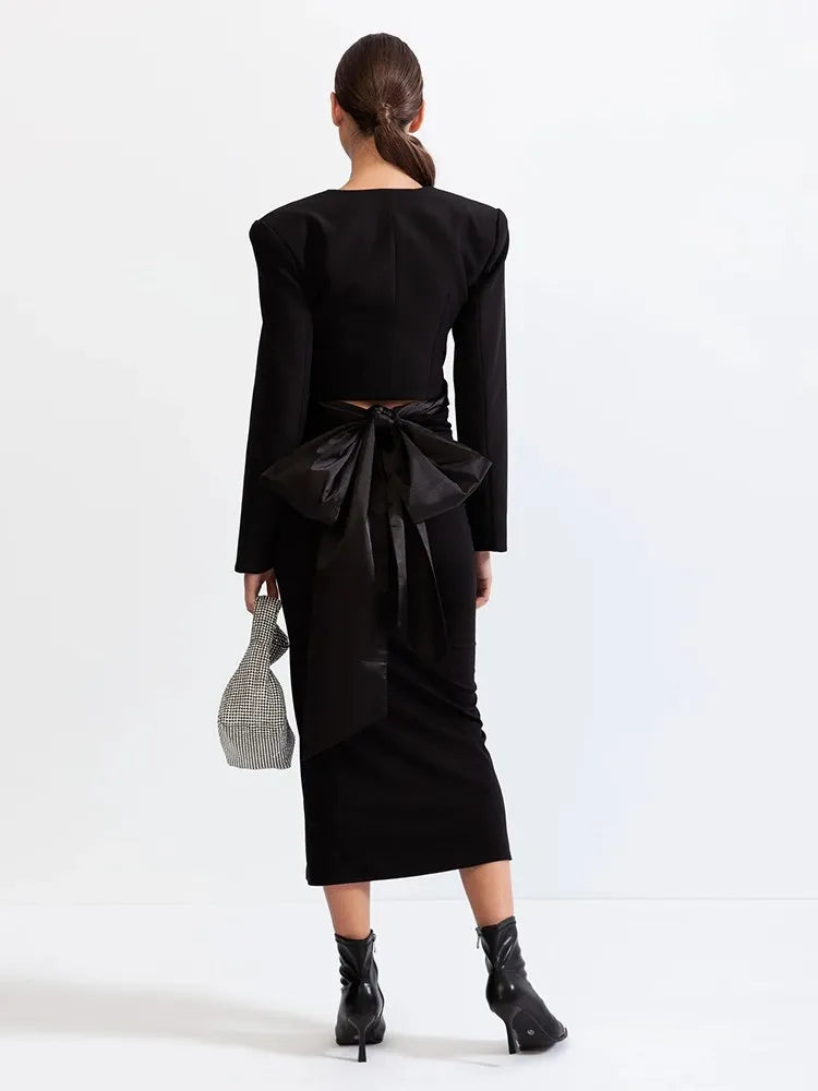 Chic Two Piece Set For Women Round Neck Long Sleeve Top High Waist Spliced Appliques Skirt Elegant Sets Female New