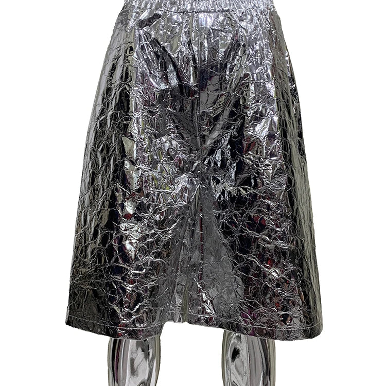 Lautaro Summer Autumn Shiny Silver Faux Leather Shorts for Men with High Elastic Waist Y2K Streetwear Emo European Clothes 2025 Silver