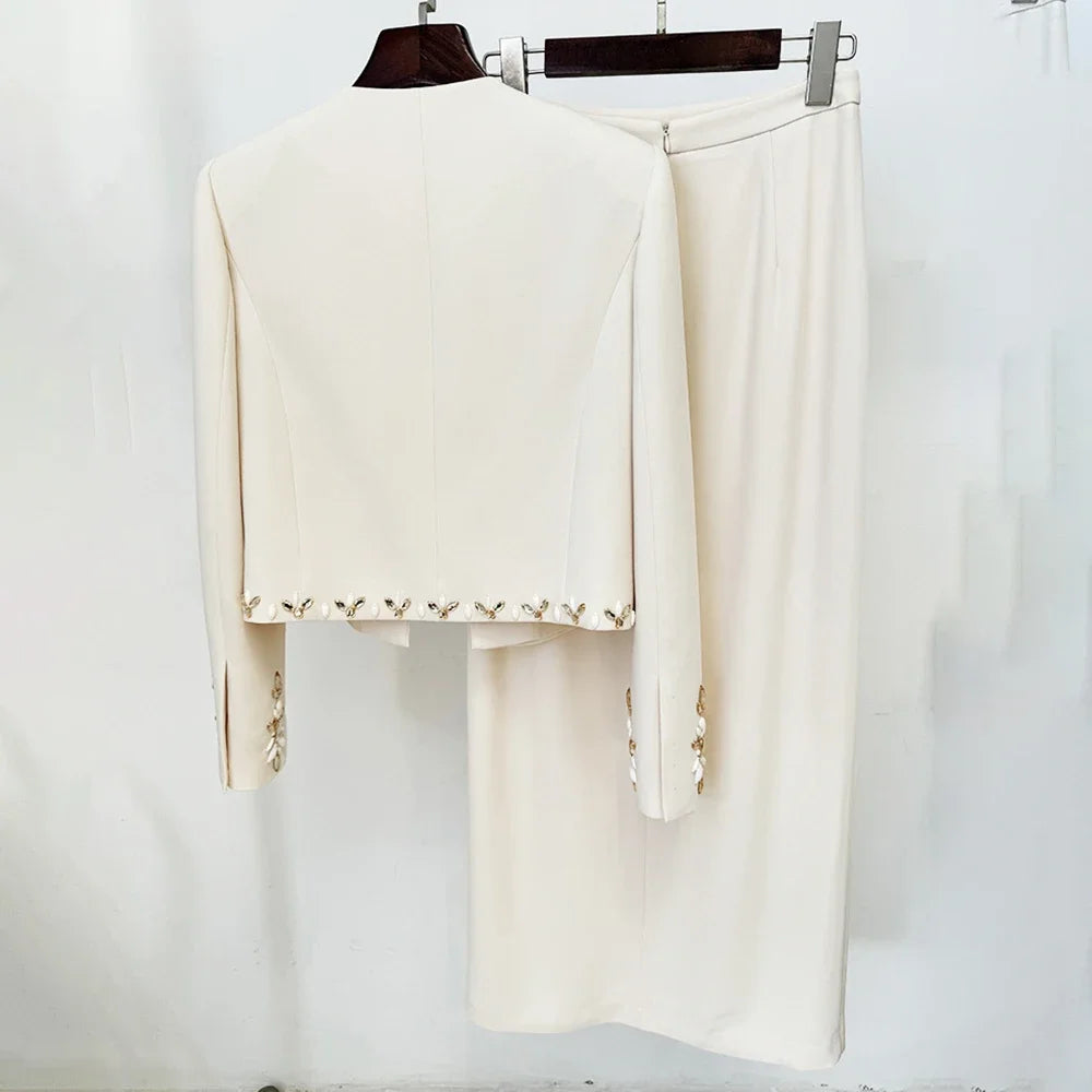 Solid Slimming Two Piece Sets for Women Round Neck Long Sleeves Patchwork Bead Top High Waist Split Skirt Female