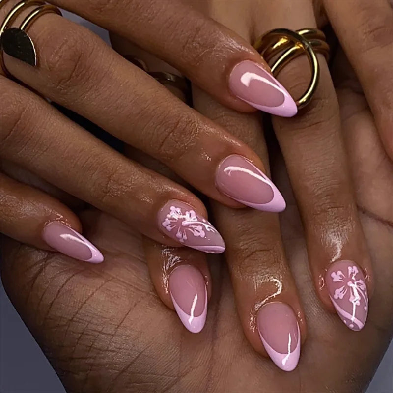 24Pcs Almond Press on Fake Nails Mid-length Round Head Nails Set with Yellow Flowers Designs Wearable French False Nail Tips 3867