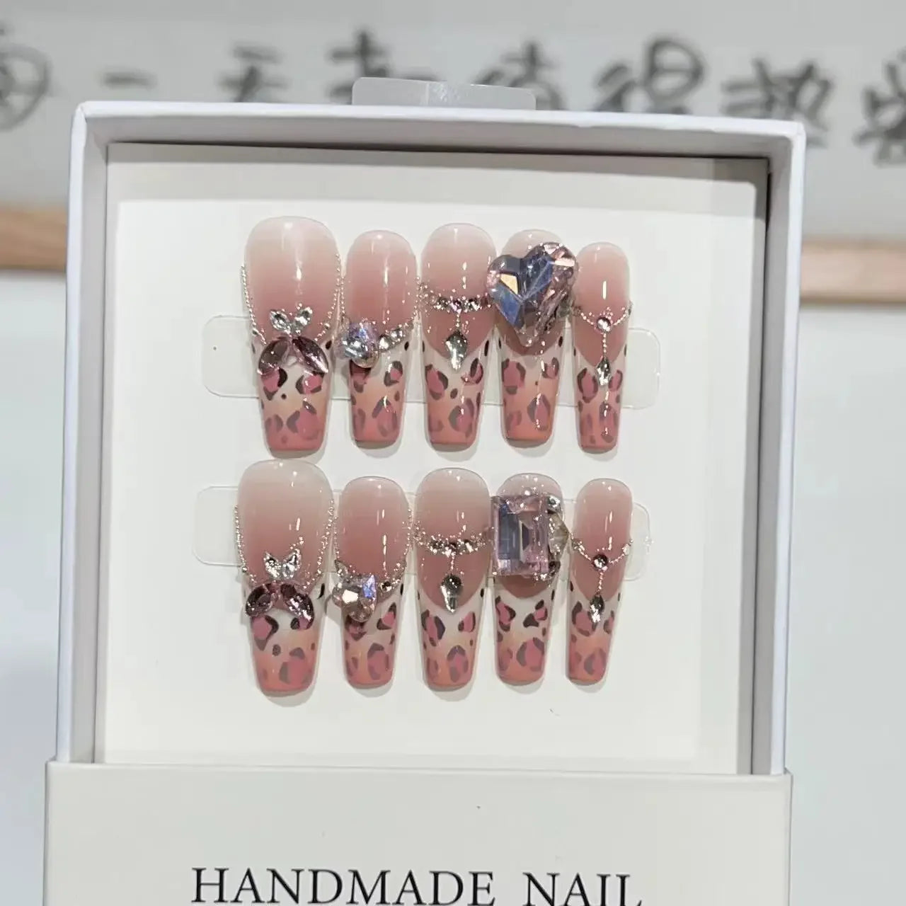 Long Handmade Press on Nails Sweet Cool Pink Leopard Pattern Cat Eye French Nail Spice Girl Detachable Nails Fashion Nails 10Pcs