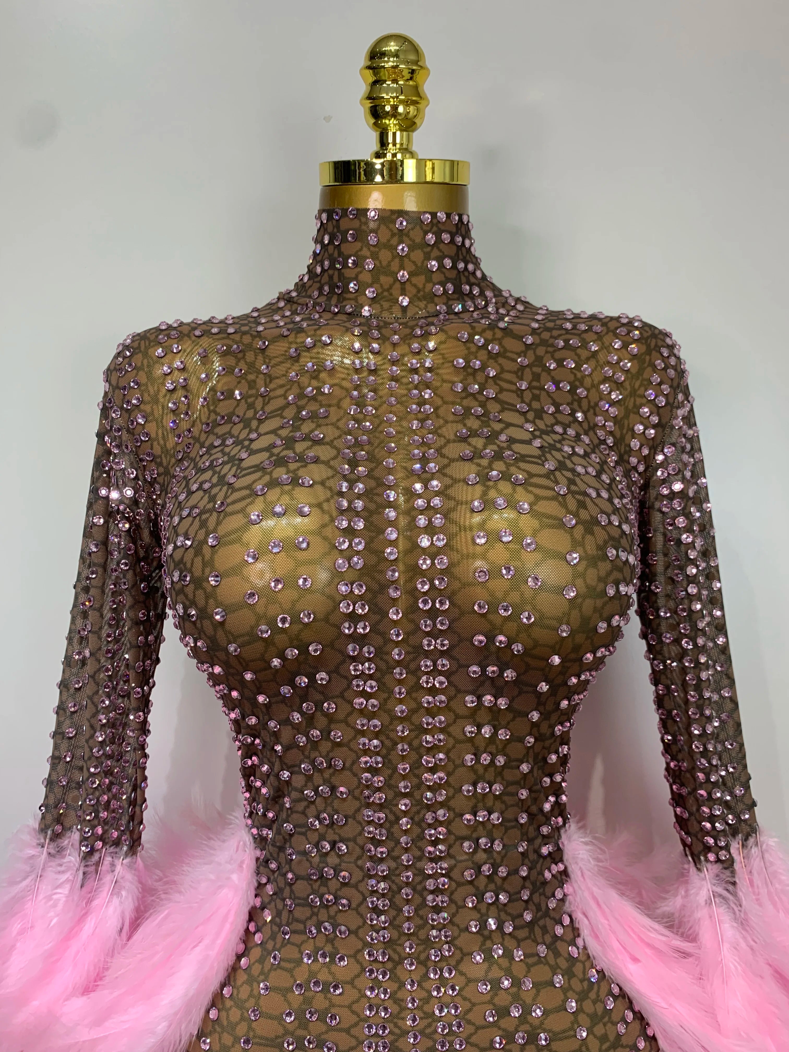 Women Luxury Birthday Dress Rhinestones Mesh Feathers Bodycon Mini Celebrity Evening Club Party Dress Nightclub Stage Outfit