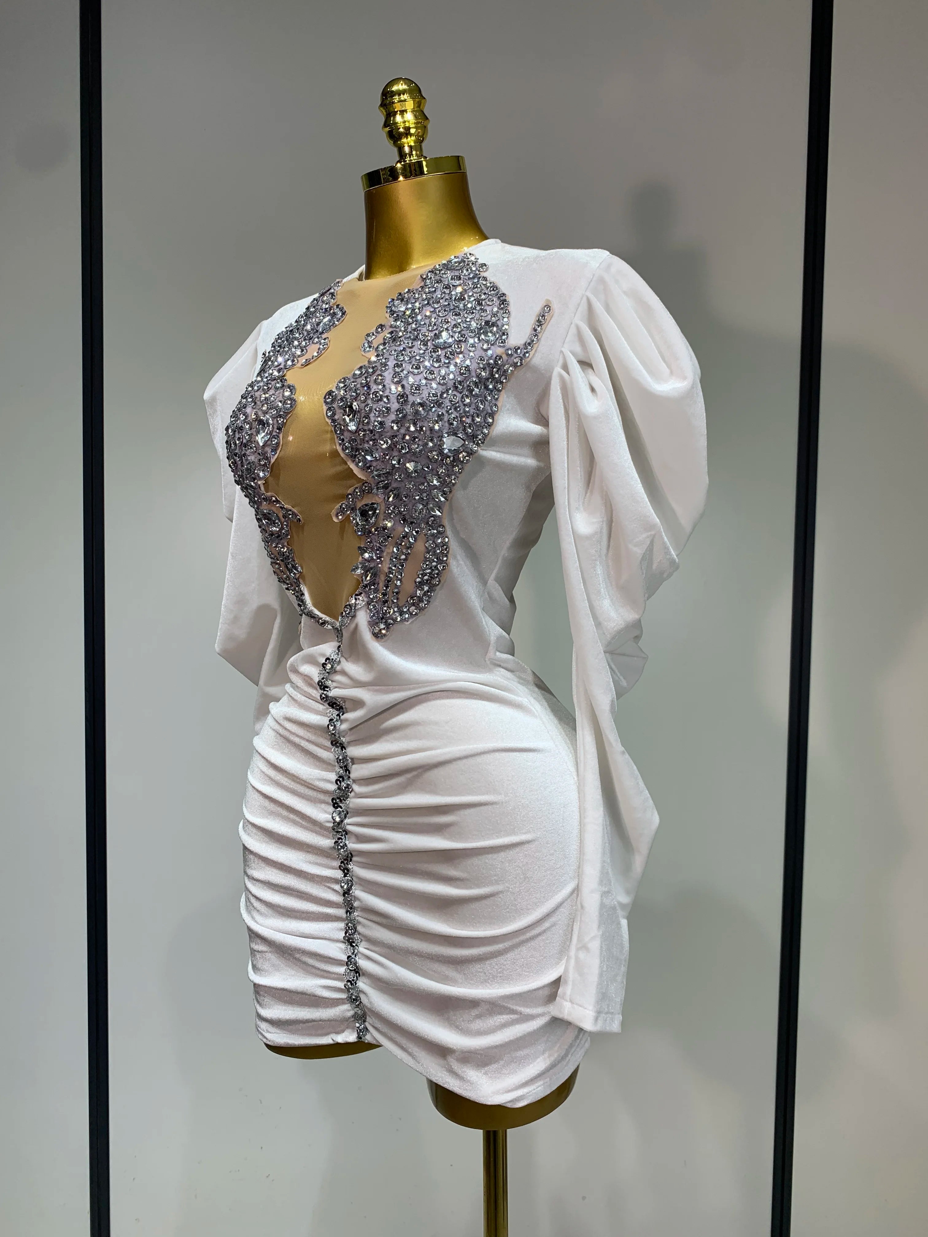 Sparkly Crystals Sexy Mesh Velvet Mini Dress 2025 Women White Elegant Evening Party Luxury Birthday Nightclub Stage Costume