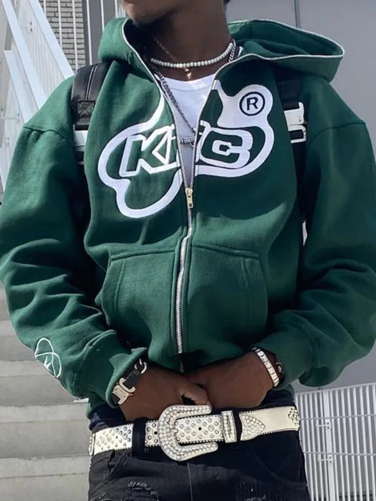 Women Letter Printed Hoodies Harajuku High Street Hooded Sweatshirts Y2K Streetwear Hip Hop Gothic Zip Up Loose Jacket Coats Dark green