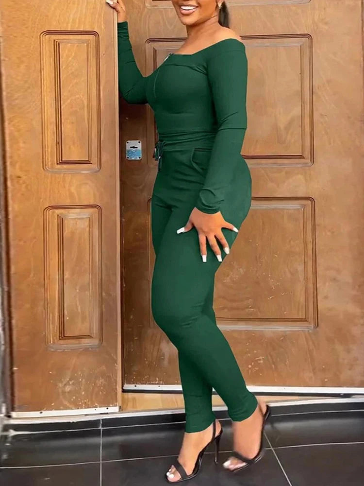 LW Women's Plus Size Pants Set 2025 Spring Sexy Long Sleeve Off Shoulder T-shirts Casual Skinny Pant Sets Women 2 Piece Outfits