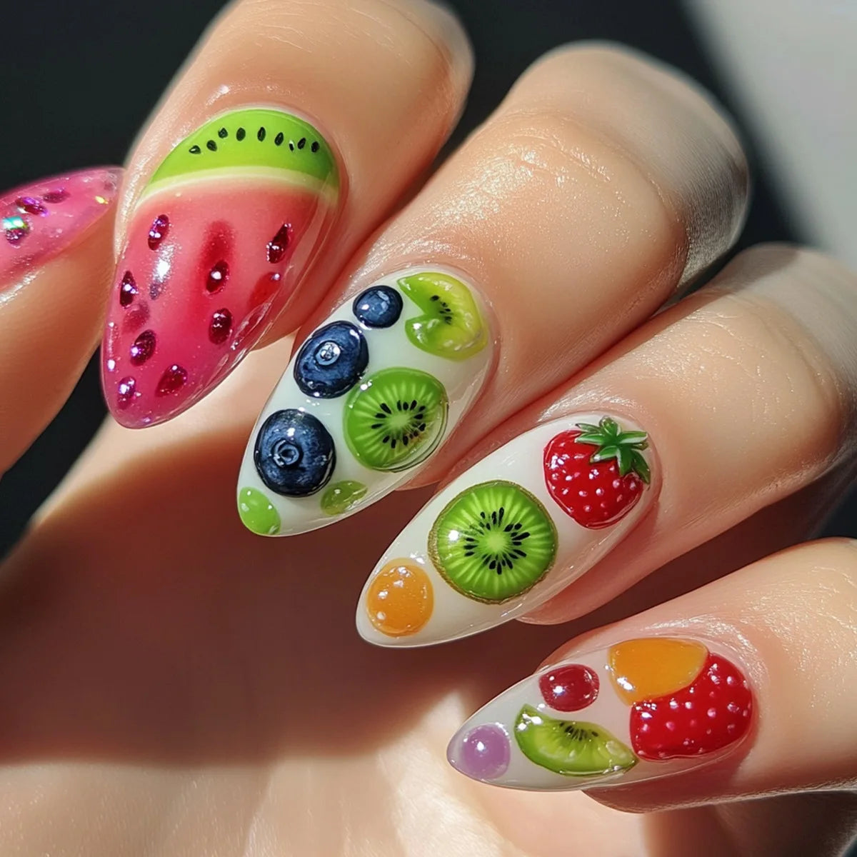 24pcs Summer Ocean False Nails Shark Starfish Pattern Fake Nails Tips Wearable Detachable Spice Girl Almond Press on Nails 4