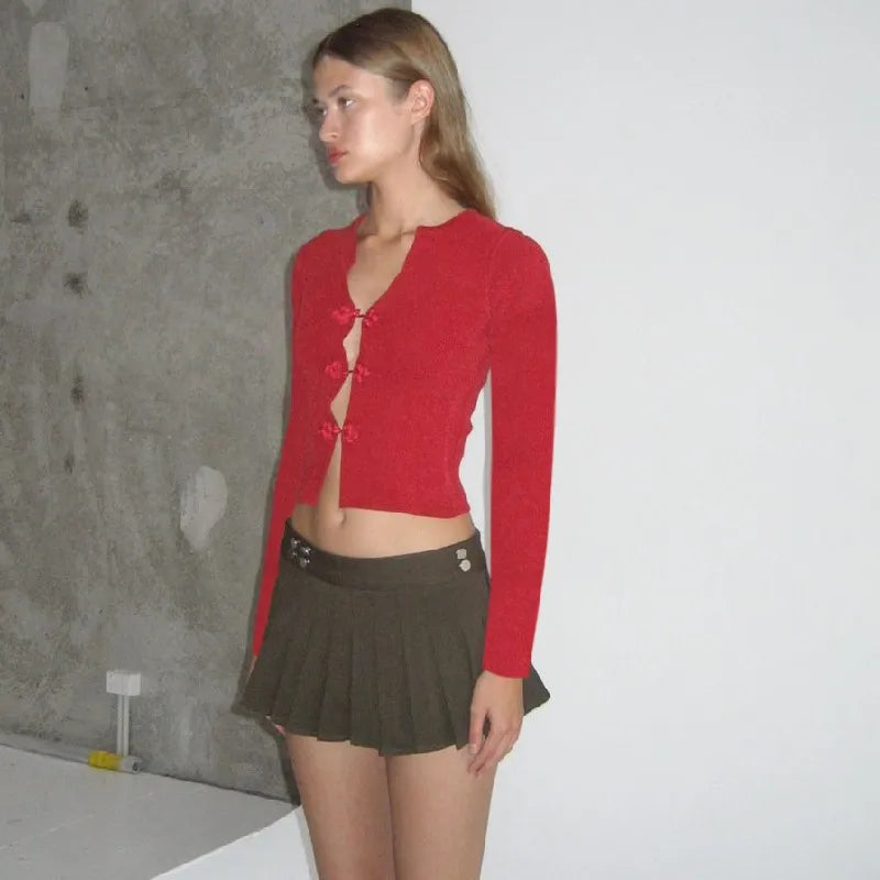 WhereMery Sexy V-neck Hollow Top Chinese Knot Long Sleeve Knitted Summer Slim Fit Waist T-shirt Top Party Nightclub Women