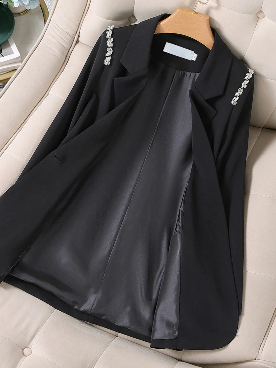 Solid Loose Spliced Button Casual Jackets for Women Lapel Long Sleeves Patchwork Bead Jacket Female Fashion Clothes