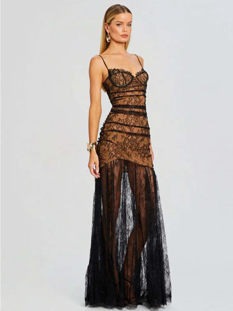 Women Celebrity Sexy Sleeveless Black Mesh Ruched Black Lace Maxi Long Gowns Dress 2024 Elegant Evening Party Club Vestido