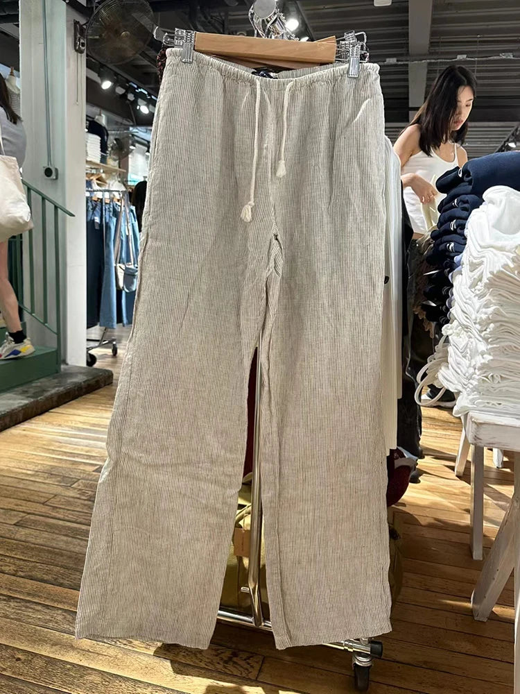 Retro Pink Striped Drawstring Sport Pants Women Autumn High Waist Linen Casual Wide Leg Pants Y2k Streetwear Loose Trousers Chic gray One Size