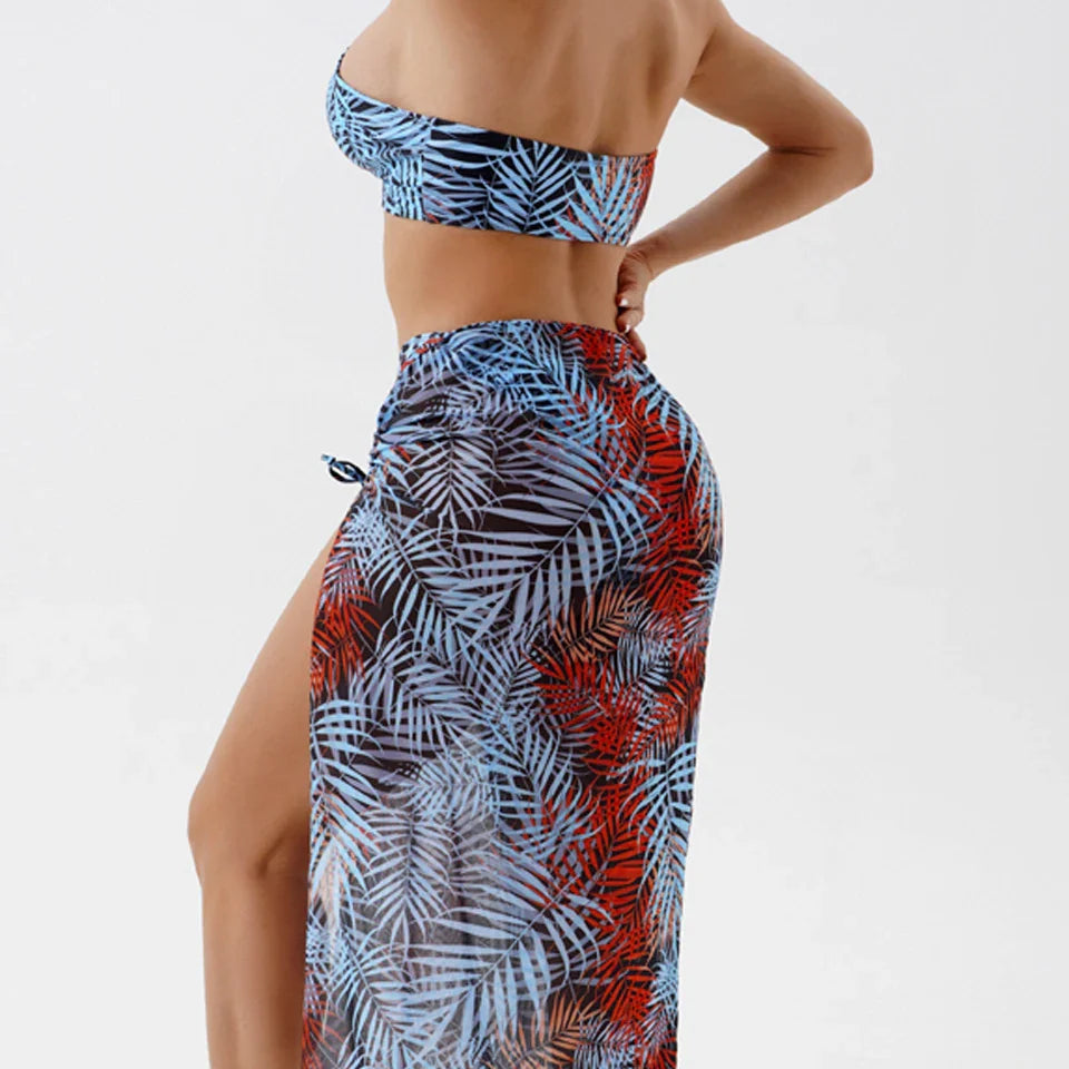 Halter Cross Bikini Hollow Swimsuit & Beach Dress 3 Piece Sexy Swimwear Women Bathing Suit Padded Beachwear Swimming Summer