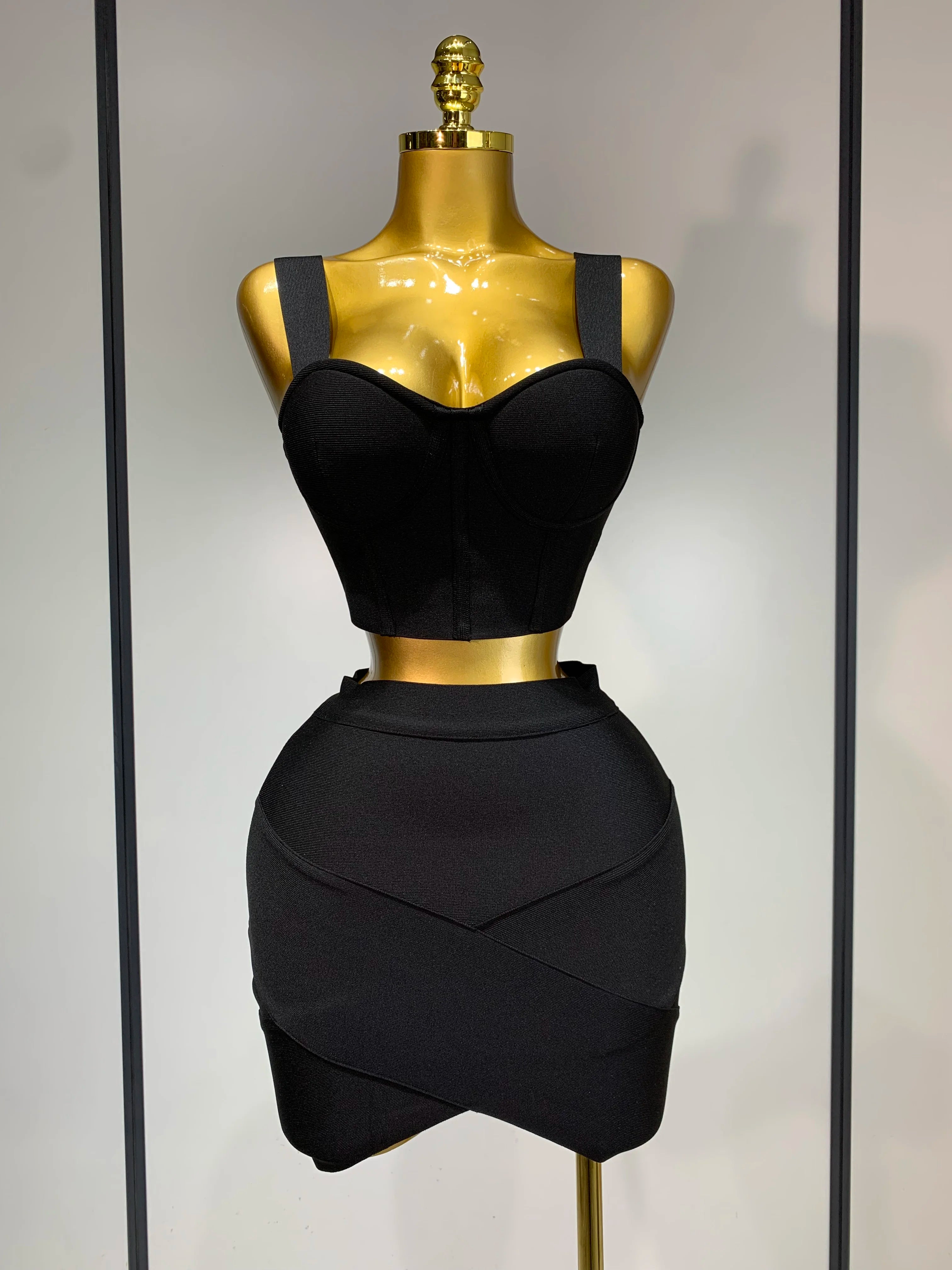 Women Sexy Backless Top Short Skirt Bodycon Bandage Two Pieces Sets 2025 Evening Party Luxury Birthday Outfit Nightclub Suits black