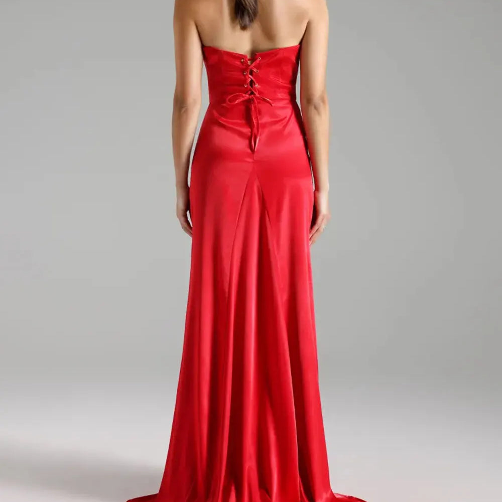 2025 Sexy Women'S Light Luxury Nail Bead Design Tailcoat And Floor Dress Strapless Sleeveless Bodycon Backless Marx Red Dresses