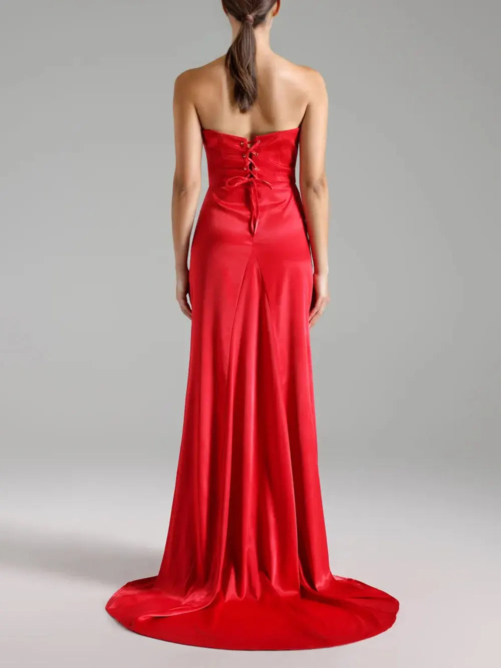 2025 Sexy Women'S Light Luxury Nail Bead Design Tailcoat And Floor Dress Strapless Sleeveless Bodycon Backless Marx Red Dresses