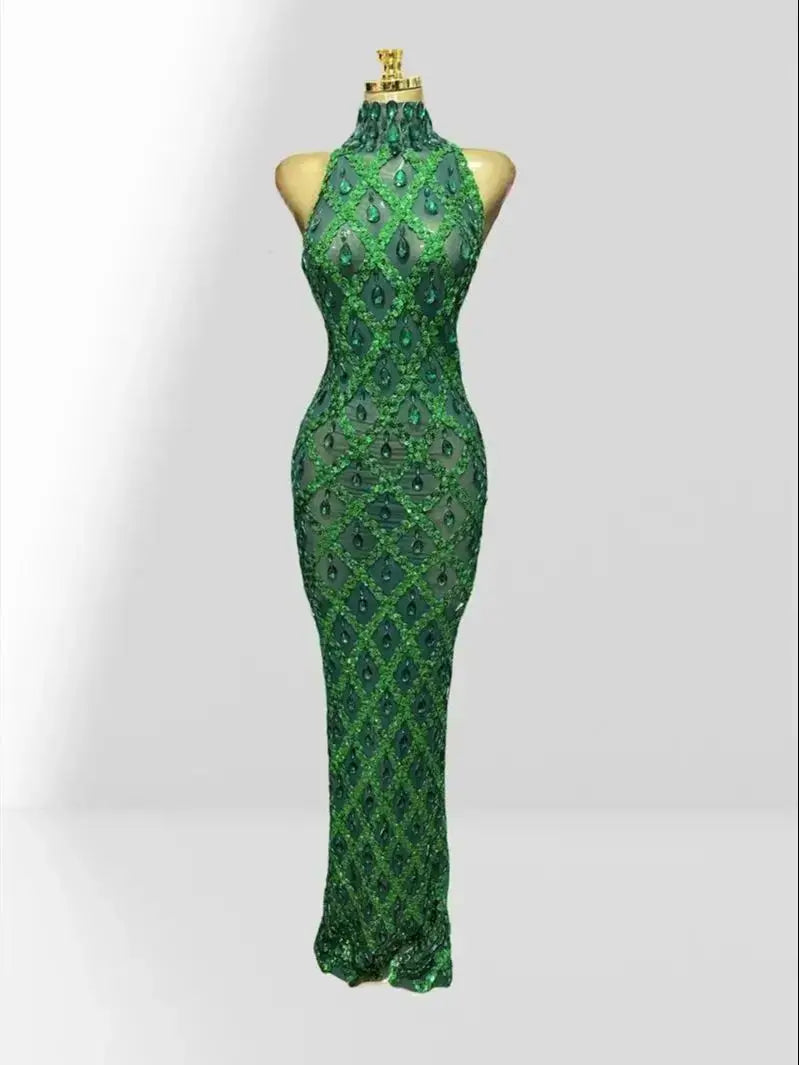 Woman Birthday Party Outfit Club Performance Costume Sparkling Diamond Green Sequins Sexy Mesh see Through Ankle Length Dress green