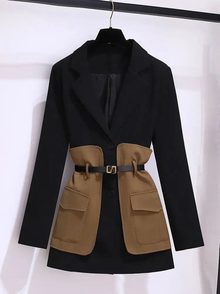 2023 Spring Belt Decorative Patchwork Jacket Blazer Casual Expansion Crying Two-piece Elegant Women Pants Suit Office Outfits black jacket