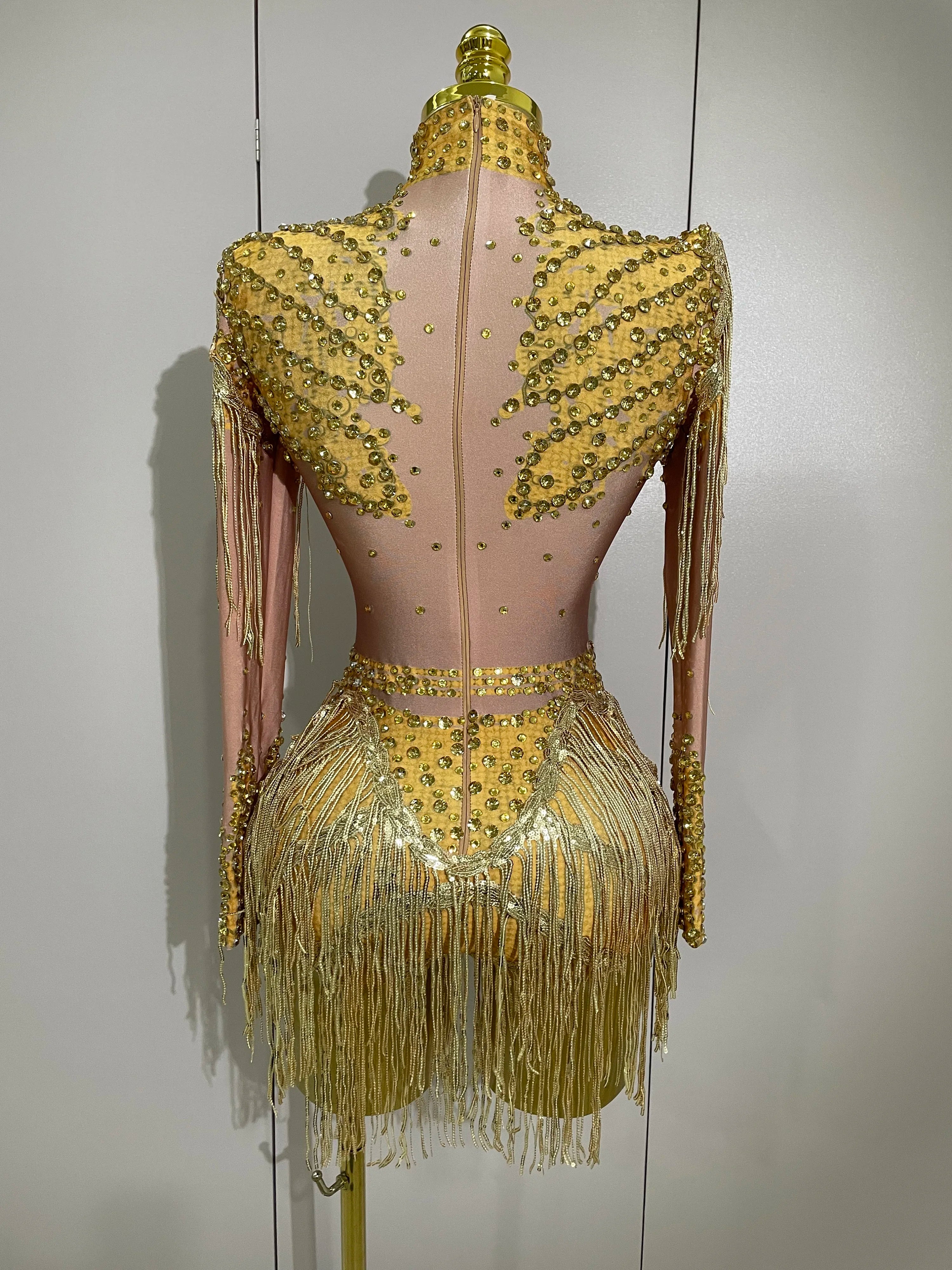 Sparkly Rhinestone Sequin Tassel Stretch Bodysuits 2025 Women Birthday Party Nightclub Dj Stage Performance Costume