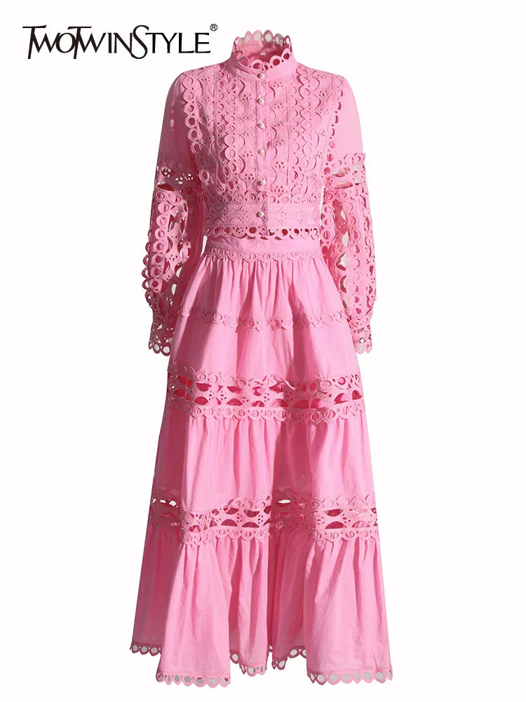 Elegant Two Piece Sets For Women Stand Collar Lantern Sleeve Tops High Waist Skirt Hollow Out Set Female Clothing