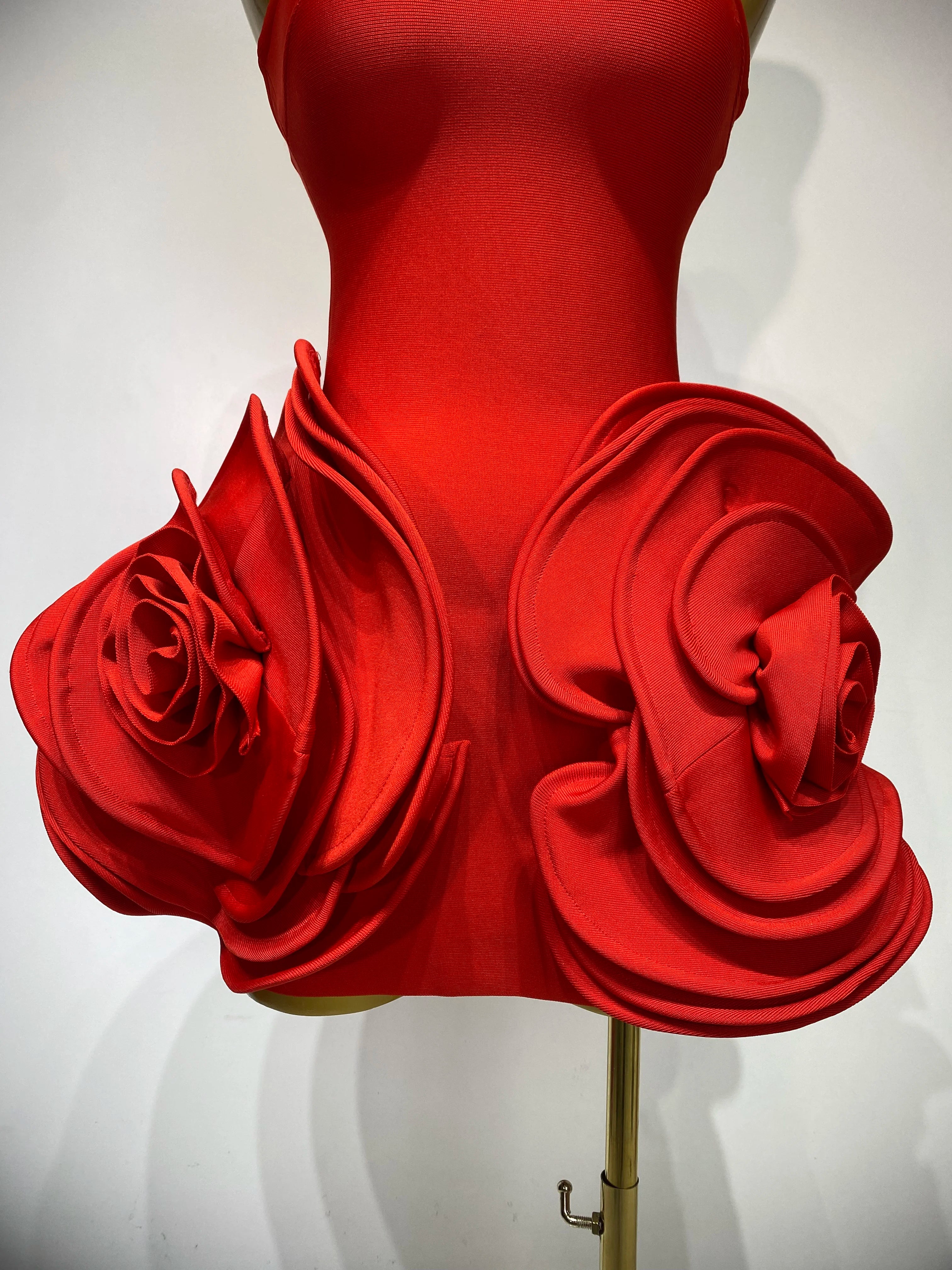 Celebrity Sexy Strapless Backless Flower Red Mini Bodycon Bandage Dress 2025 Knitted Elegant Evening Club Luxury Birthday Dress