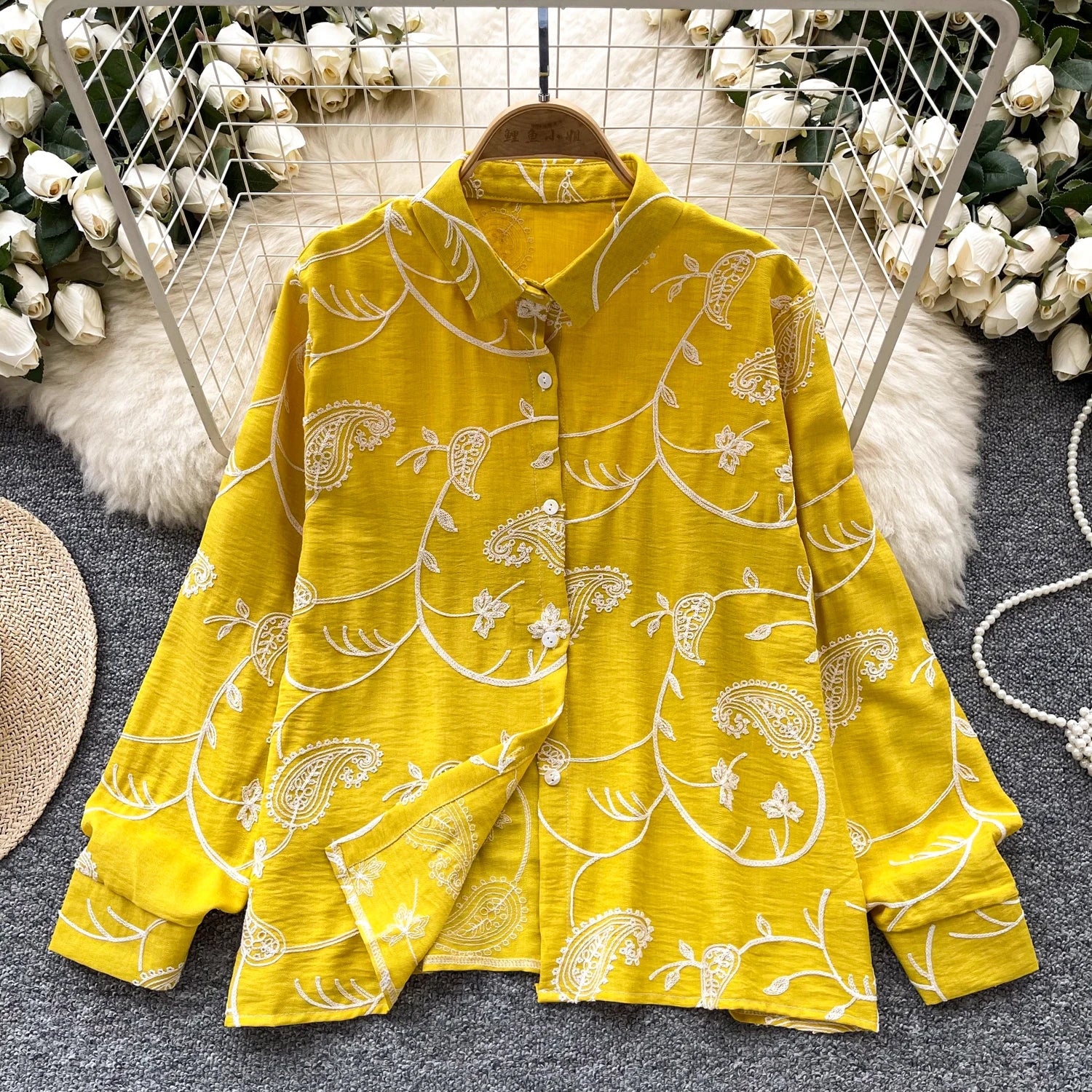 Vintage Elegant Embroidery print turn-down collar Blouse Fashion Single Breasted sweet Shirt Casual Chic Top Fairy Summer Women Yellow One Size
