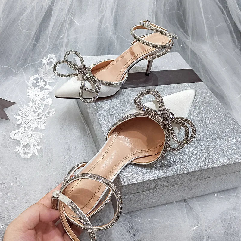 Glitter Rhinestones Women Pumps Crystal Bowknot Satin Sandals 2025 Summer Transparent Shoes High Heels Party Prom Designer Shoes white