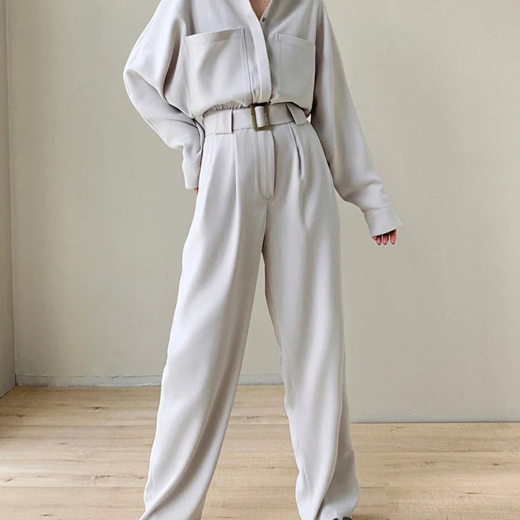 Lautaro Spring Autumn Beige Long Soft Flowy Stretchy Jumpsuit Women with Belt Black One Piece Shirt Jumpsuits for Women 2025