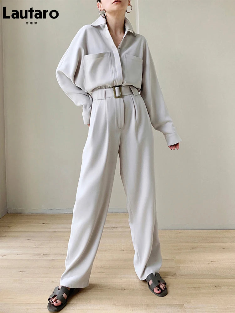 Lautaro Spring Autumn Beige Long Soft Flowy Stretchy Jumpsuit Women with Belt Black One Piece Shirt Jumpsuits for Women 2025