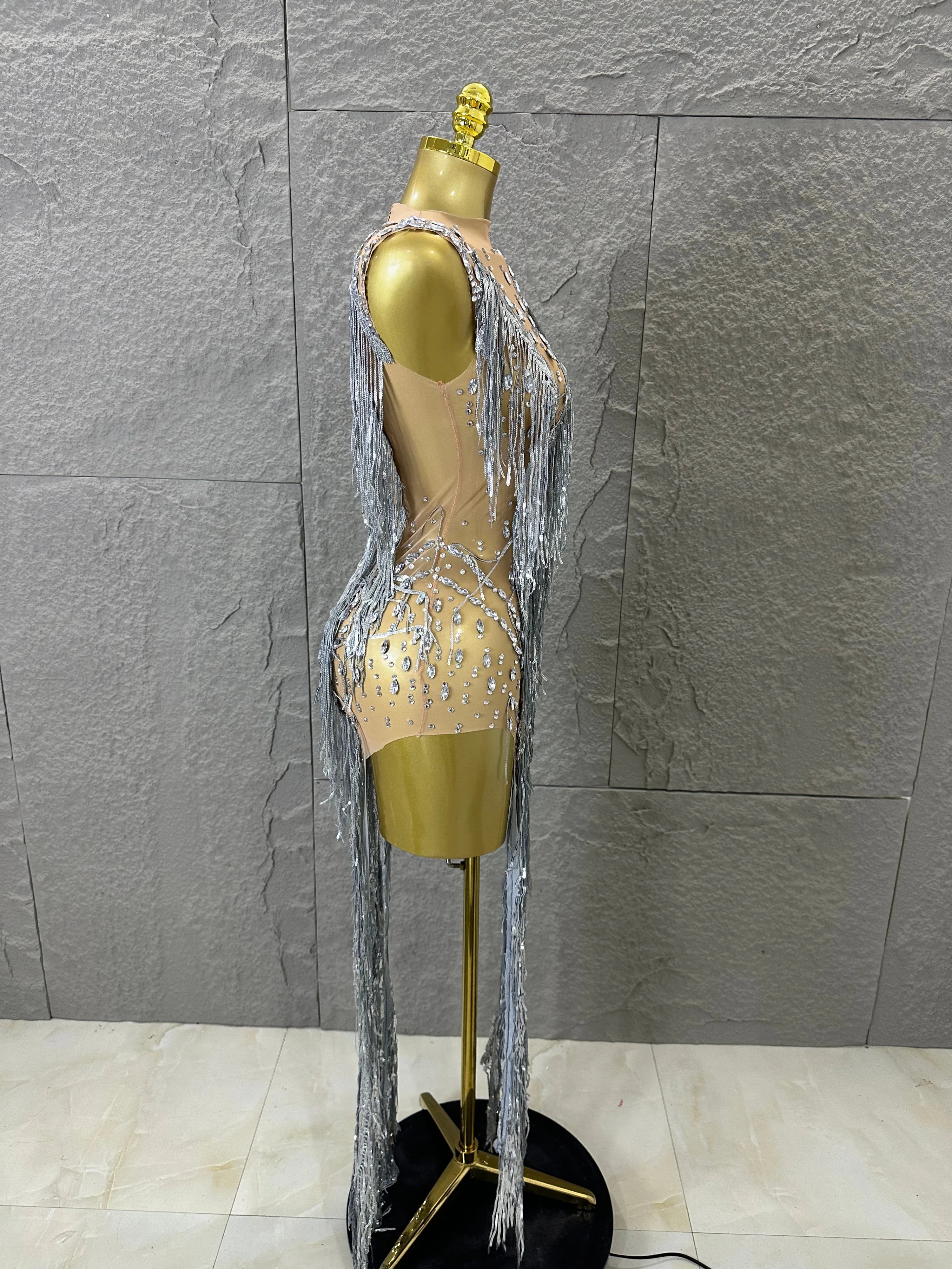 Luxury See Through Mesh Silver Rhinestone Long Tassel Dress Sleeveless Fitted Bodycon Formal Evening Wedding Guest Cocktail Gown