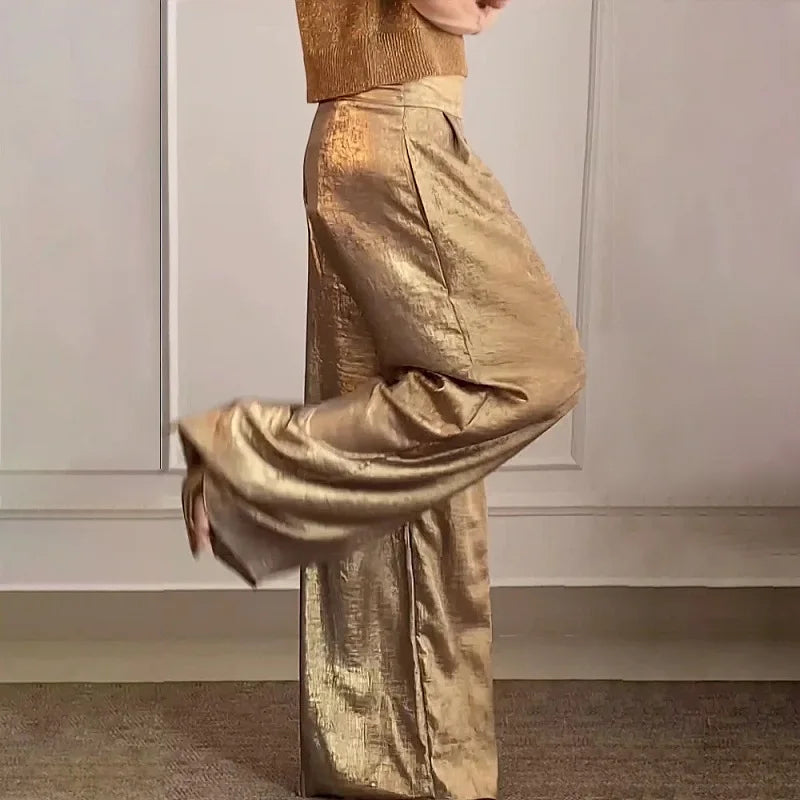 Spring Vintage Metallic Color Casual Pants Women Fashion High Waist Loose Straight Trousers Summer Pocket Wide Leg Pant Harajuku Khaki